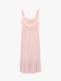 Kalp Yaka Kolsuz Viskon Gipeli Çiçekli Uzun Elbise