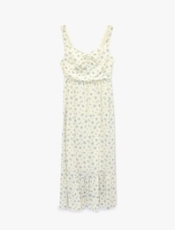 Kolsuz Gipeli Volanlı Kalp Yaka Viskon Çiçekli Uzun Elbise