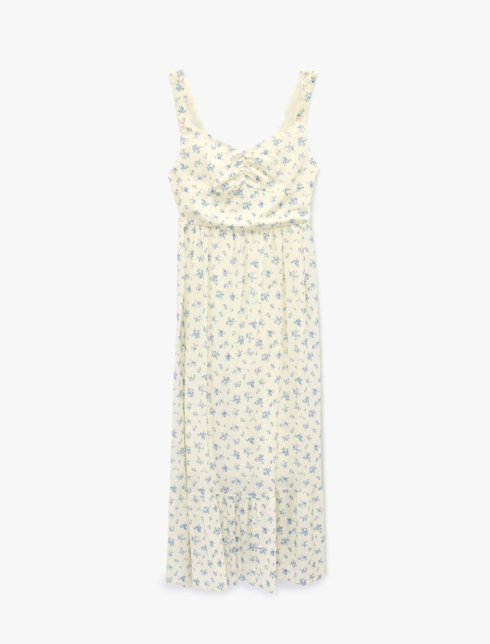  Kolsuz Gipeli Volanlı Kalp Yaka Viskon Çiçekli Uzun Elbise