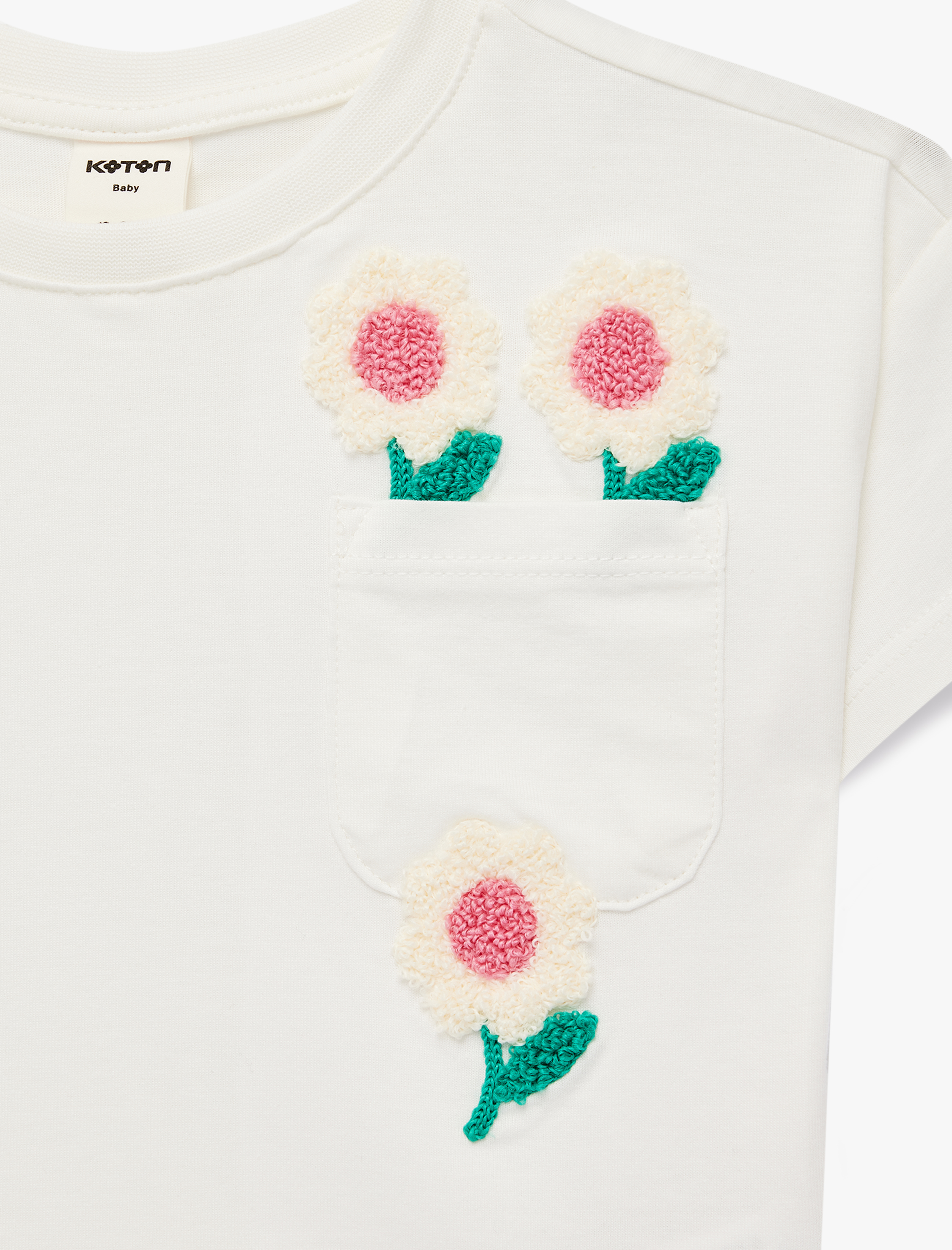  Kız Bebek Kısa Kollu Bisiklet Yaka Çiçek Aplikeli Pamuklu Tişört