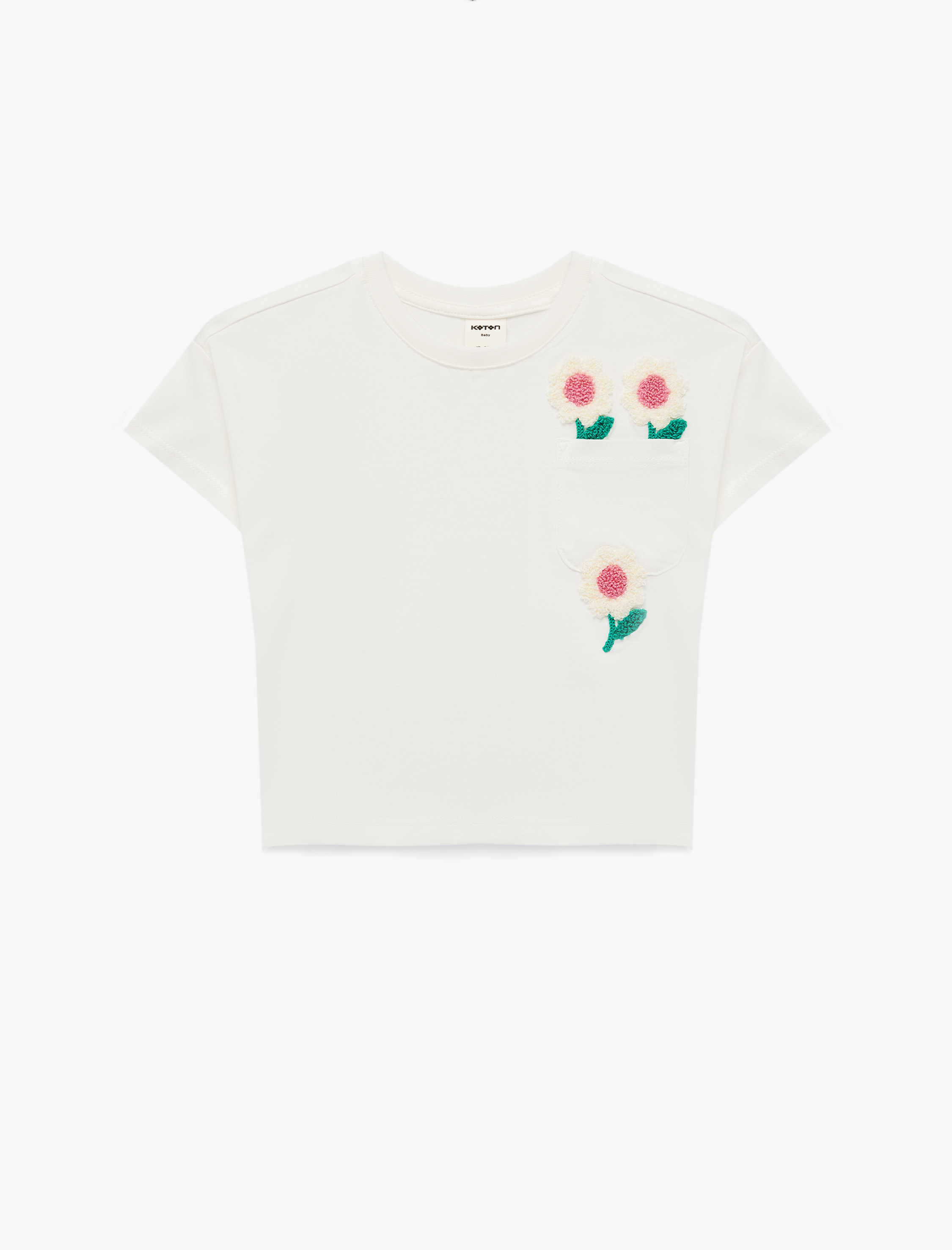  Kız Bebek Kısa Kollu Bisiklet Yaka Çiçek Aplikeli Pamuklu Tişört