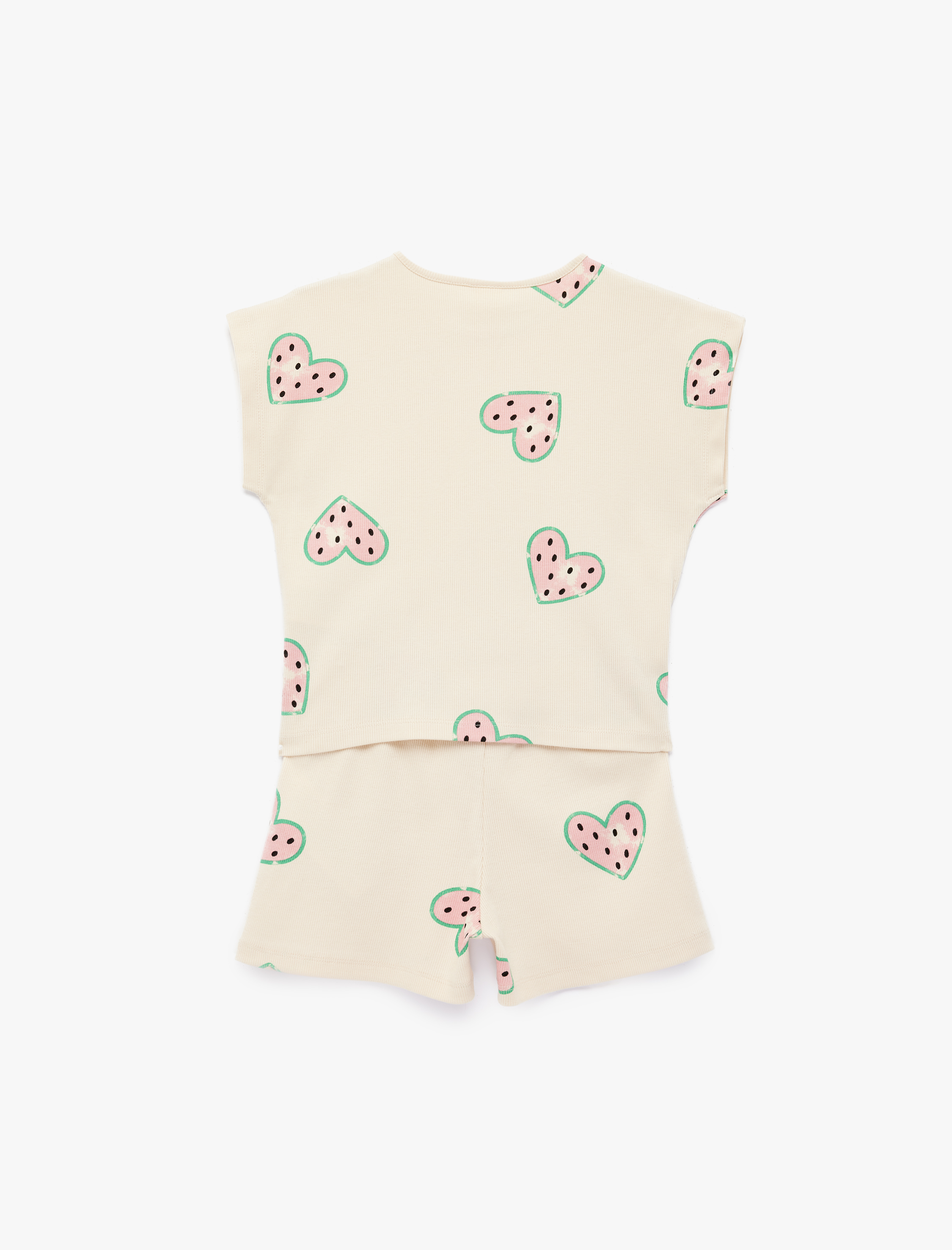  Kız Bebek Kalp Desenli Kısa Kollu Bisiklet Yaka Pamuklu Tişört Şort Takım - 2'li Set
