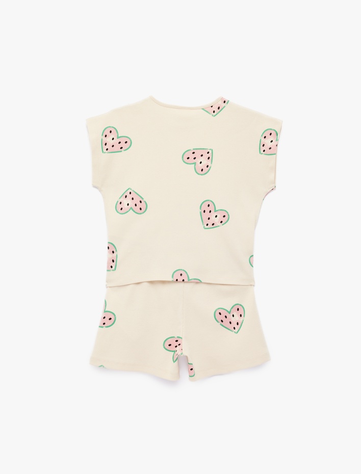 Kız Bebek Kalp Desenli Kısa Kollu Bisiklet Yaka Pamuklu Tişört Şort Takım - 2'li Set