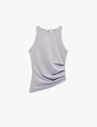 Slim Fit Asimetrik Kesim Drapeli Metalik İplik Detaylı Simli Fitilli Bluz