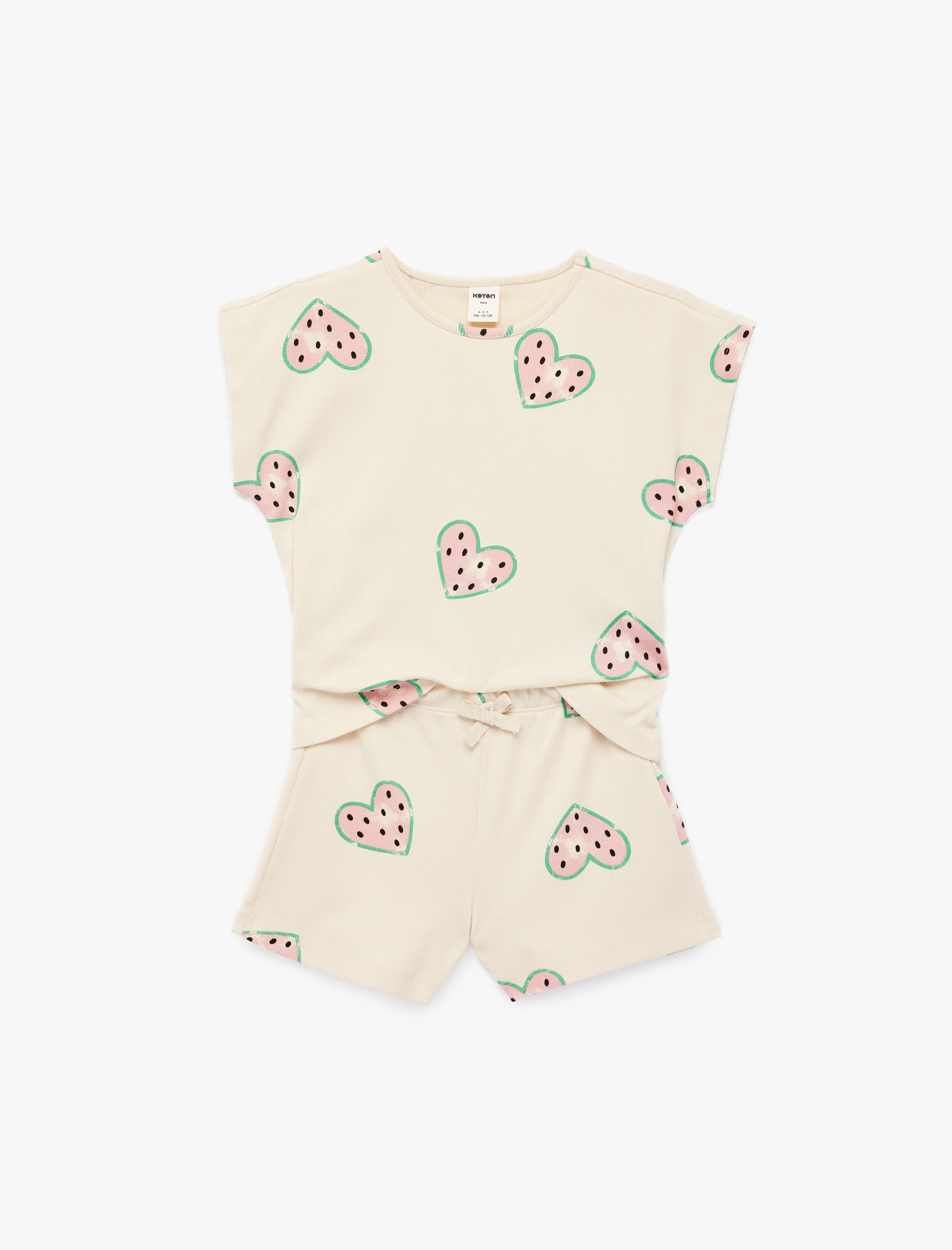  Kız Bebek Kalp Desenli Kısa Kollu Bisiklet Yaka Pamuklu Tişört Şort Takım - 2'li Set