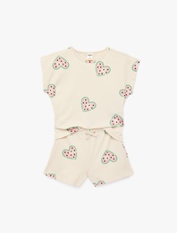 Kalp Desenli Kısa Kollu Bisiklet Yaka Pamuklu Tişört Şort Takım - 2'li Set