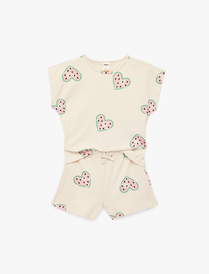 Kız Bebek Kalp Desenli Kısa Kollu Bisiklet Yaka Pamuklu Tişört Şort Takım - 2'li Set
