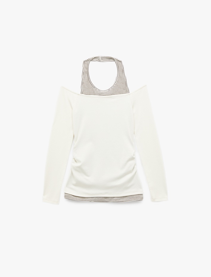  Viskon Karışımlı Slim Fit Uzun Kollu Halter Yaka Tişört