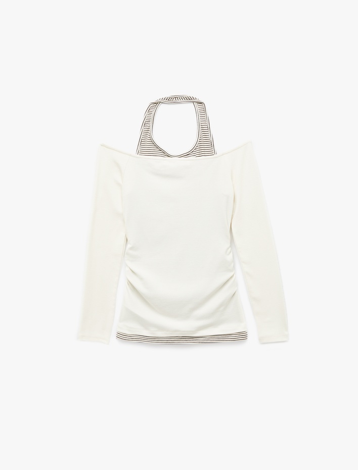  Viskon Karışımlı Slim Fit Uzun Kollu Halter Yaka Tişört