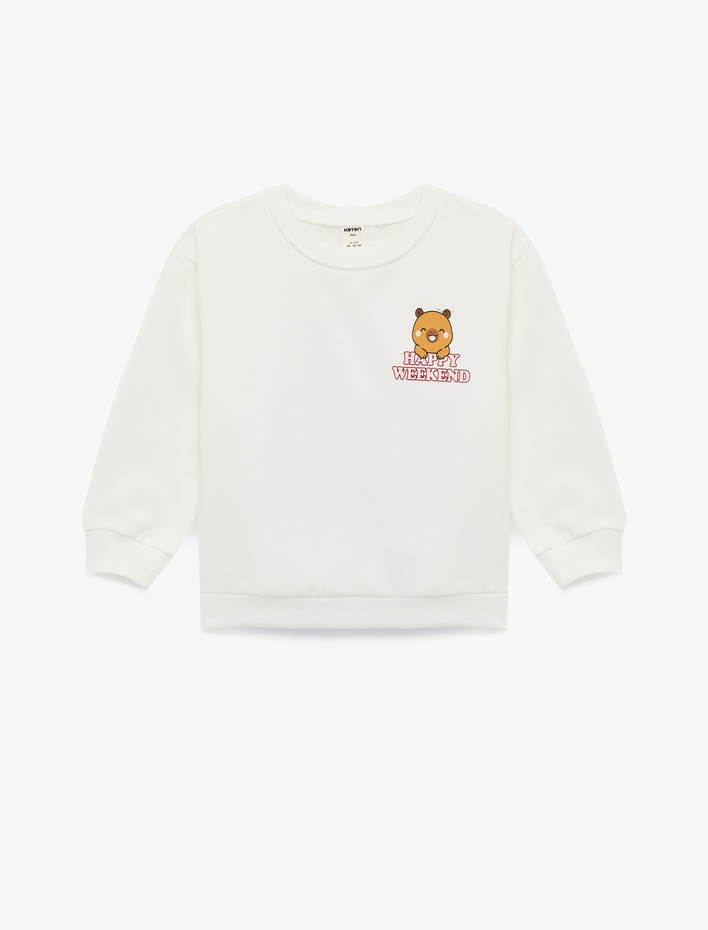 Kız Bebek Uzun Kollu Bisiklet Yaka Pamuklu Ayıcık Baskılı Sweatshirt