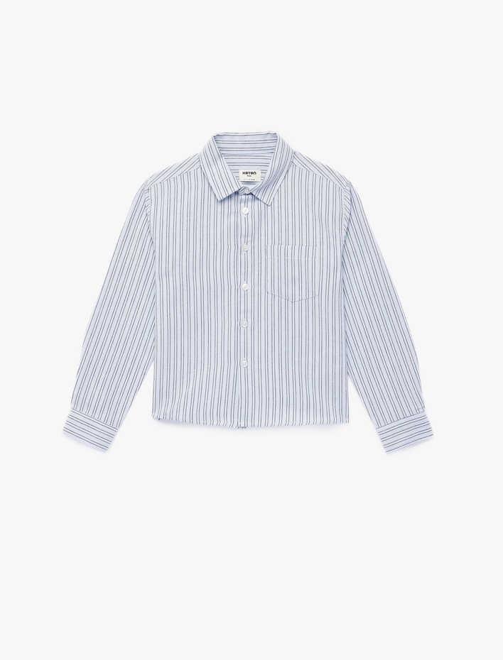 Erkek Çocuk Pamuklu Uzun Kollu Düğmeli Tek Cepli Çizgili Gömlek