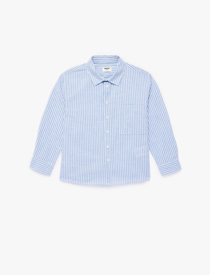 Erkek Çocuk Pamuklu Uzun Kollu Düğmeli Tek Cepli Çizgili Gömlek