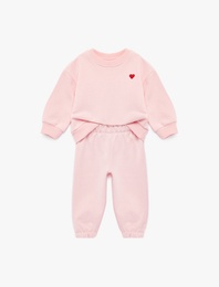 Uzun Kollu Bisiklet Yaka Şardonlu Nakış Detaylı Eşofman Takımı - 2'li Set