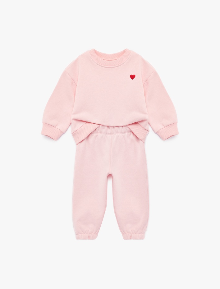 Kız Bebek Uzun Kollu Bisiklet Yaka Şardonlu Nakış Detaylı Eşofman Takımı - 2'li Set