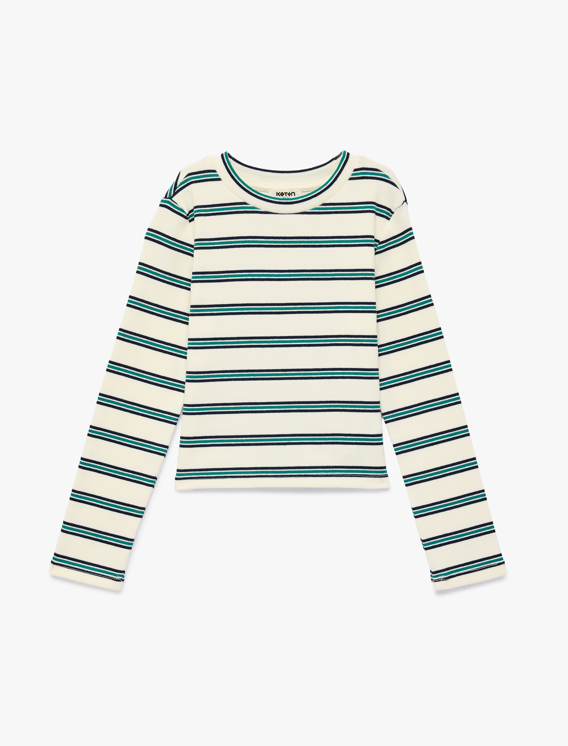  Kız Çocuk Pamuklu Bisiklet Yaka Uzun Kollu Çizgili Tişört