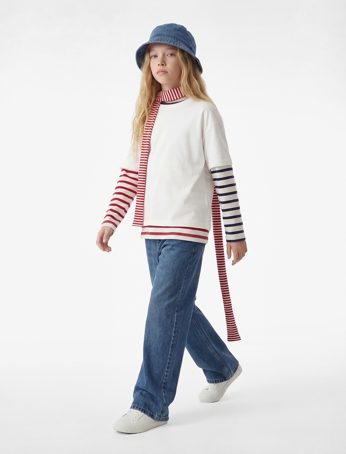 Kız Çocuk Pamuklu Cepli Geniş Paça Denim Pantolon