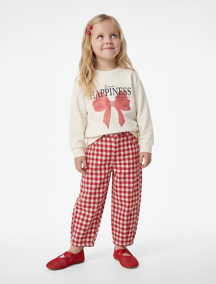 Kız Bebek Pamuklu Uzun Kollu Bisiklet Yaka Fiyonk Baskılı Sweatshirt