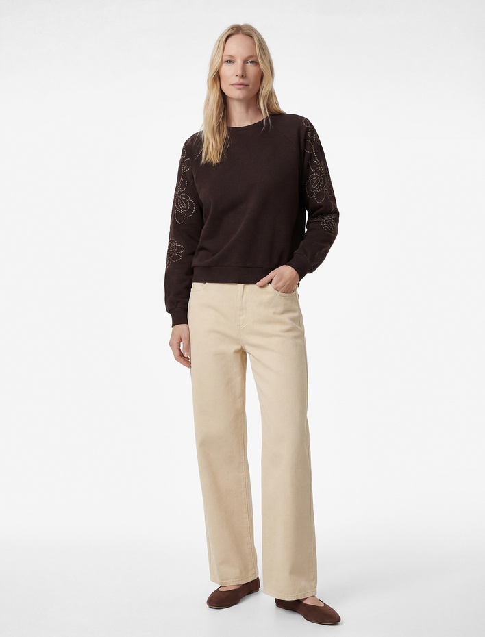  Uzun Kollu Çiçekli Boncuk İşlemeli Bisiklet Yaka Oversize Sweatshirt