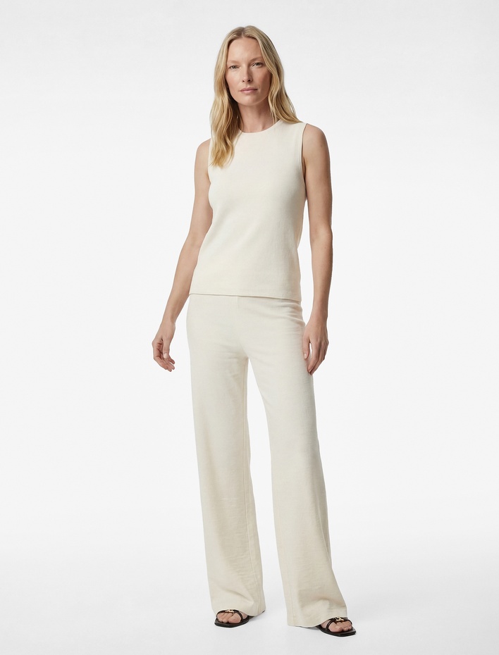  Pamuk Karışımlı Dokulu Uzun Geniş Paça Pantolon