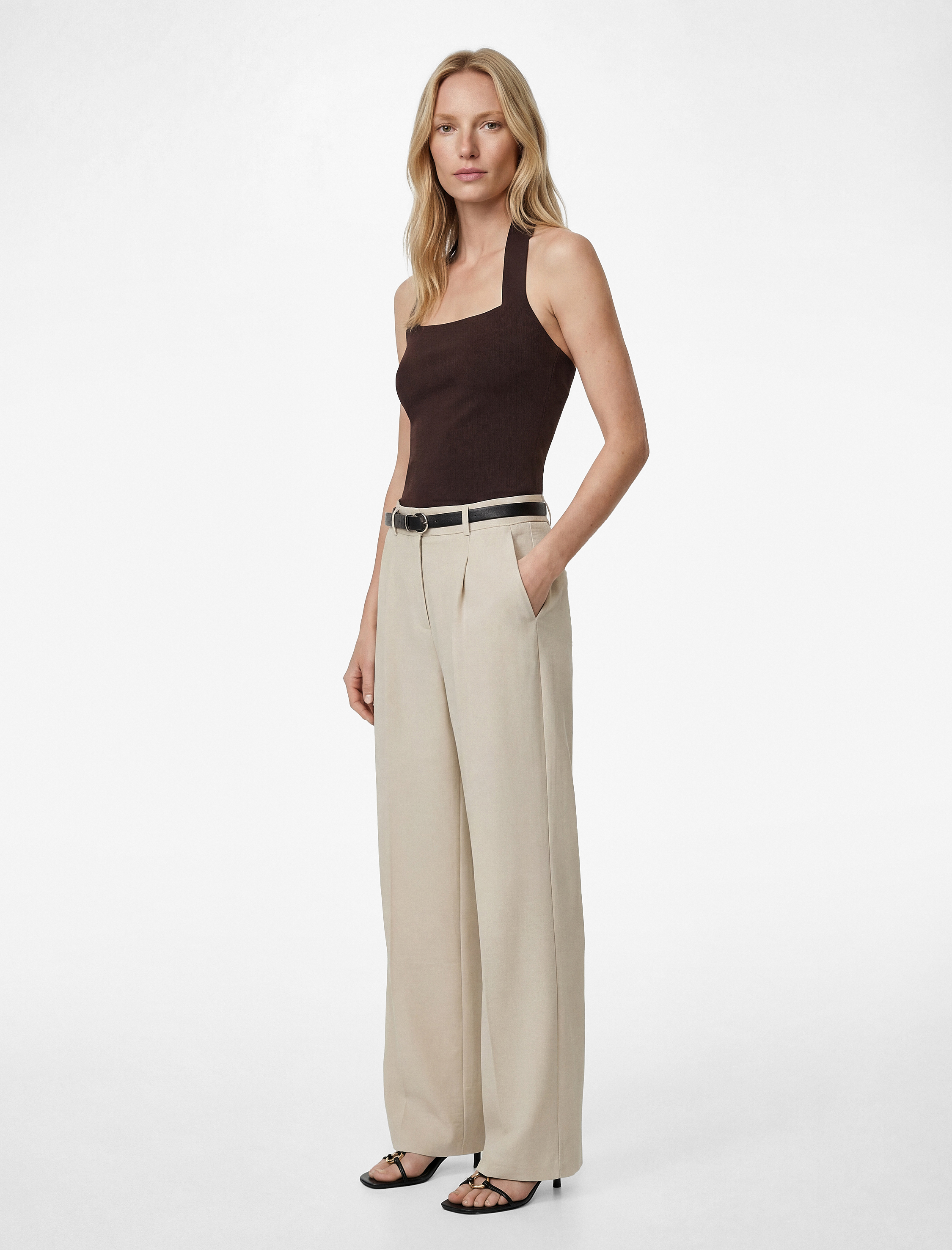   Aerobin Kumaş Kemerli Uzun Düz Geniş Paça Pantolon