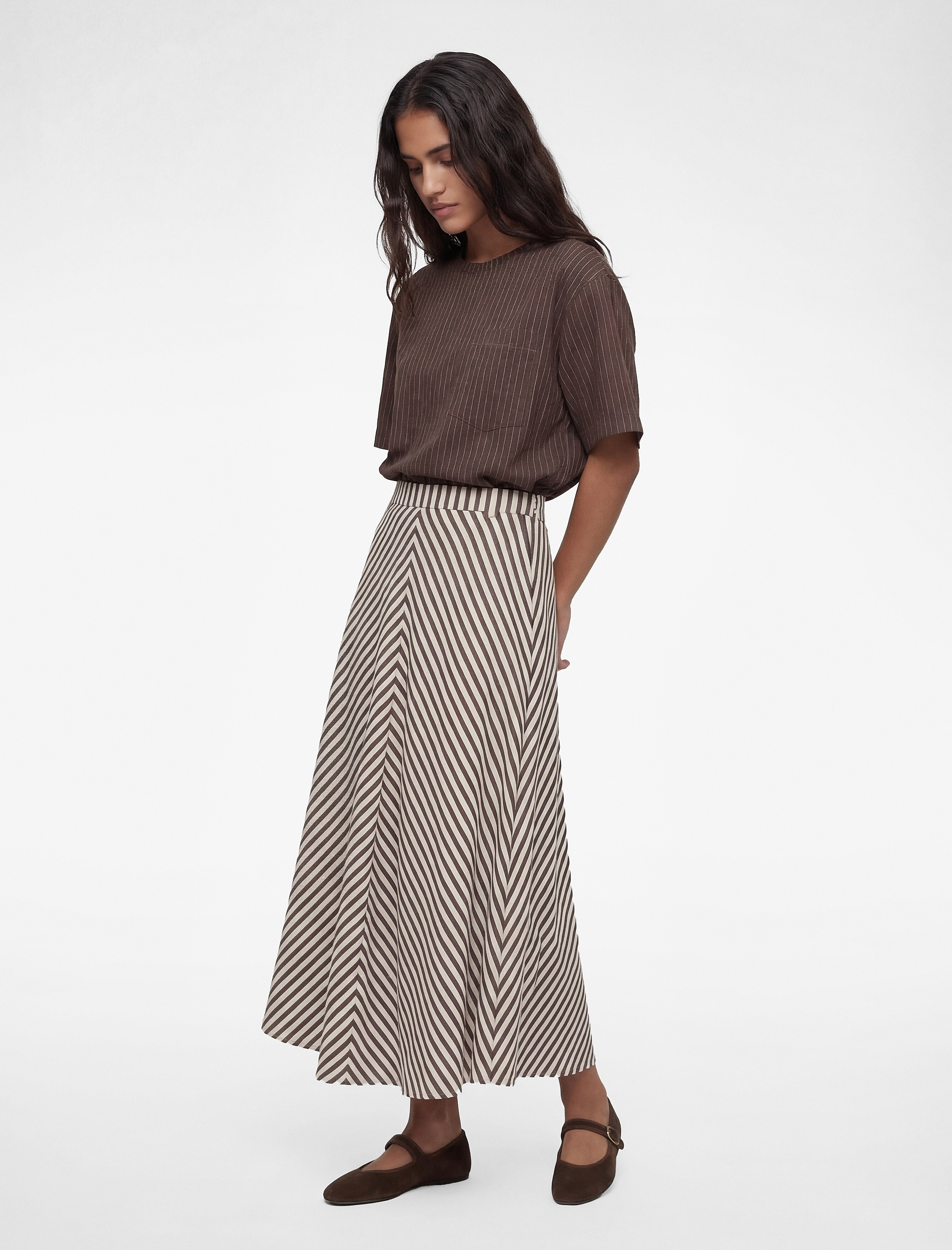   Balık Kesim Viskon Karışımlı Uzun Çizgili Etek