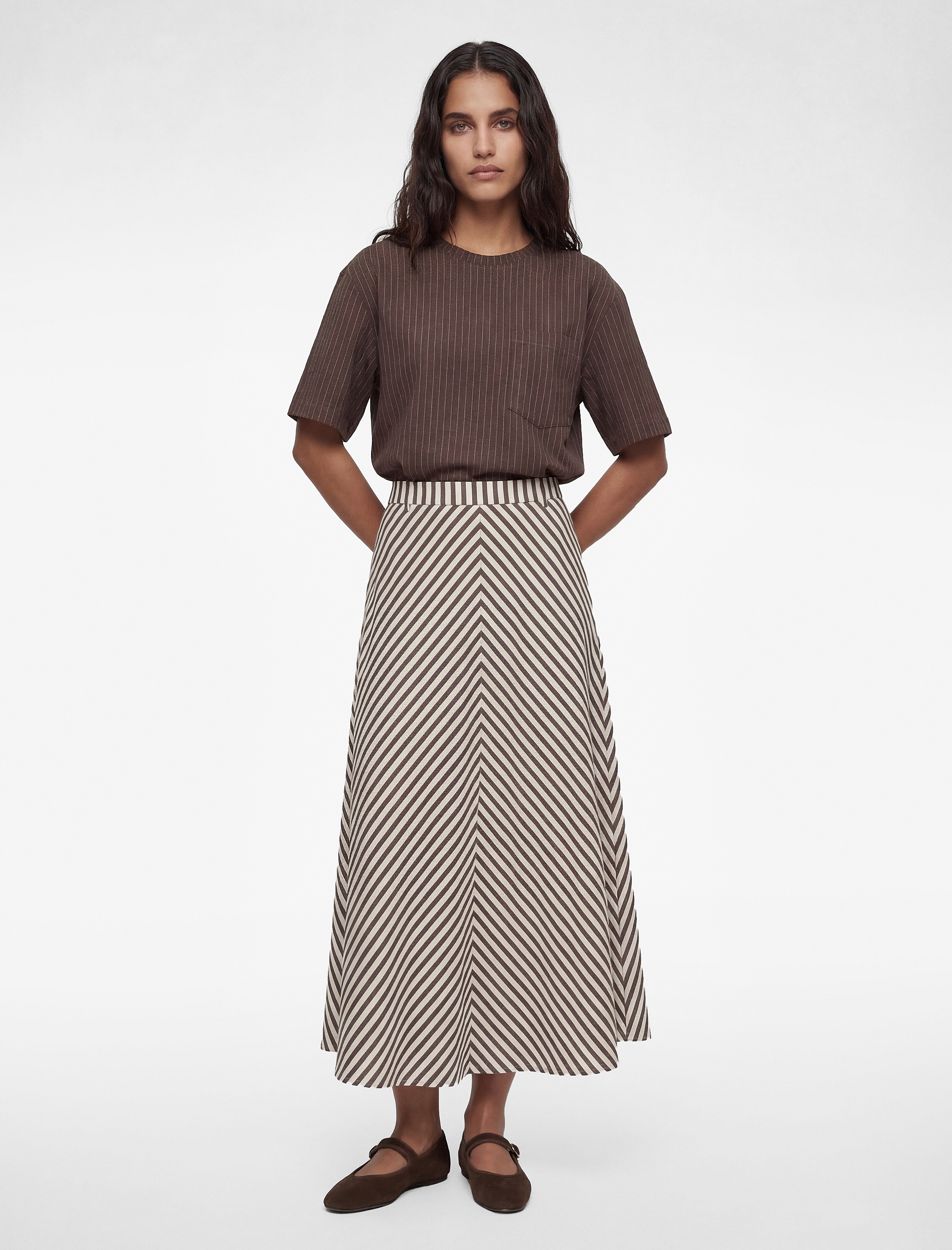   Balık Kesim Viskon Karışımlı Uzun Çizgili Etek