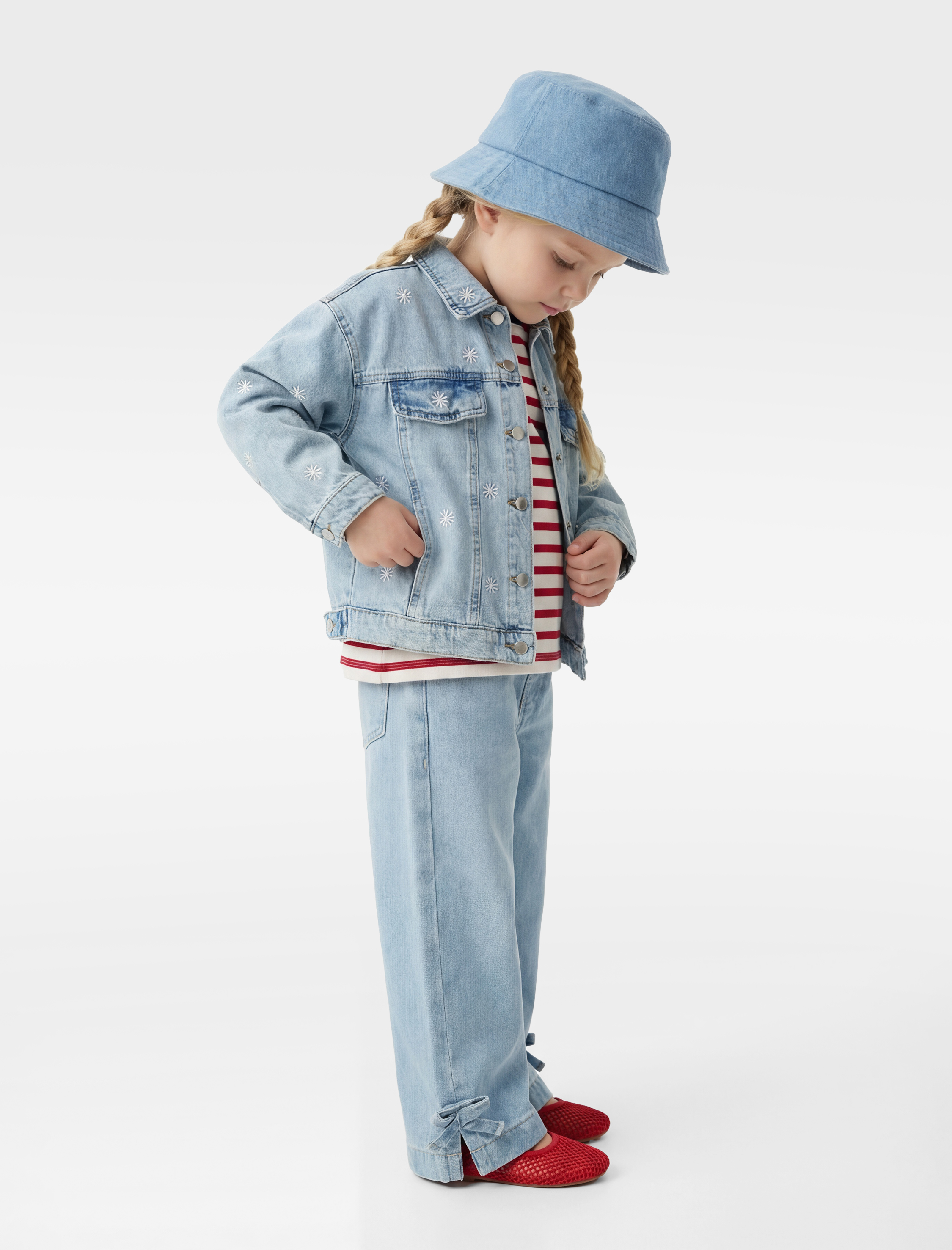  Kız Bebek Pamuklu Cep Detaylı Fiyonklu Geniş Paça Denim Pantolon - Wide Leg Jeans