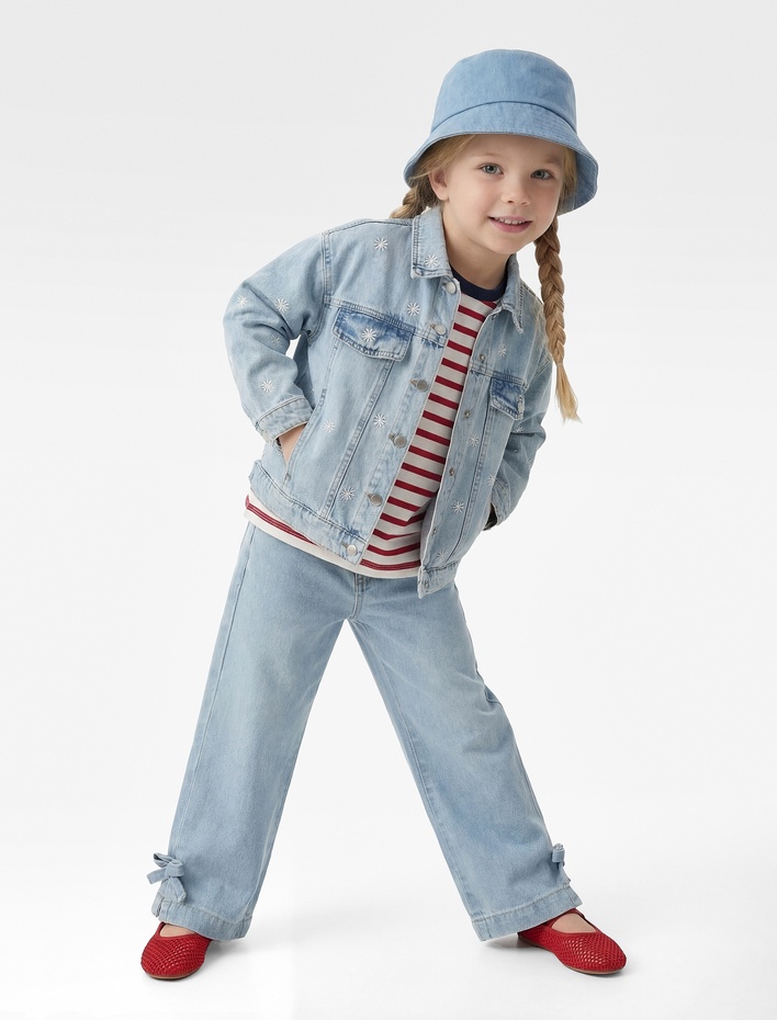 Kız Bebek Pamuklu Cep Detaylı Fiyonklu Geniş Paça Denim Pantolon - Wide Leg Jeans