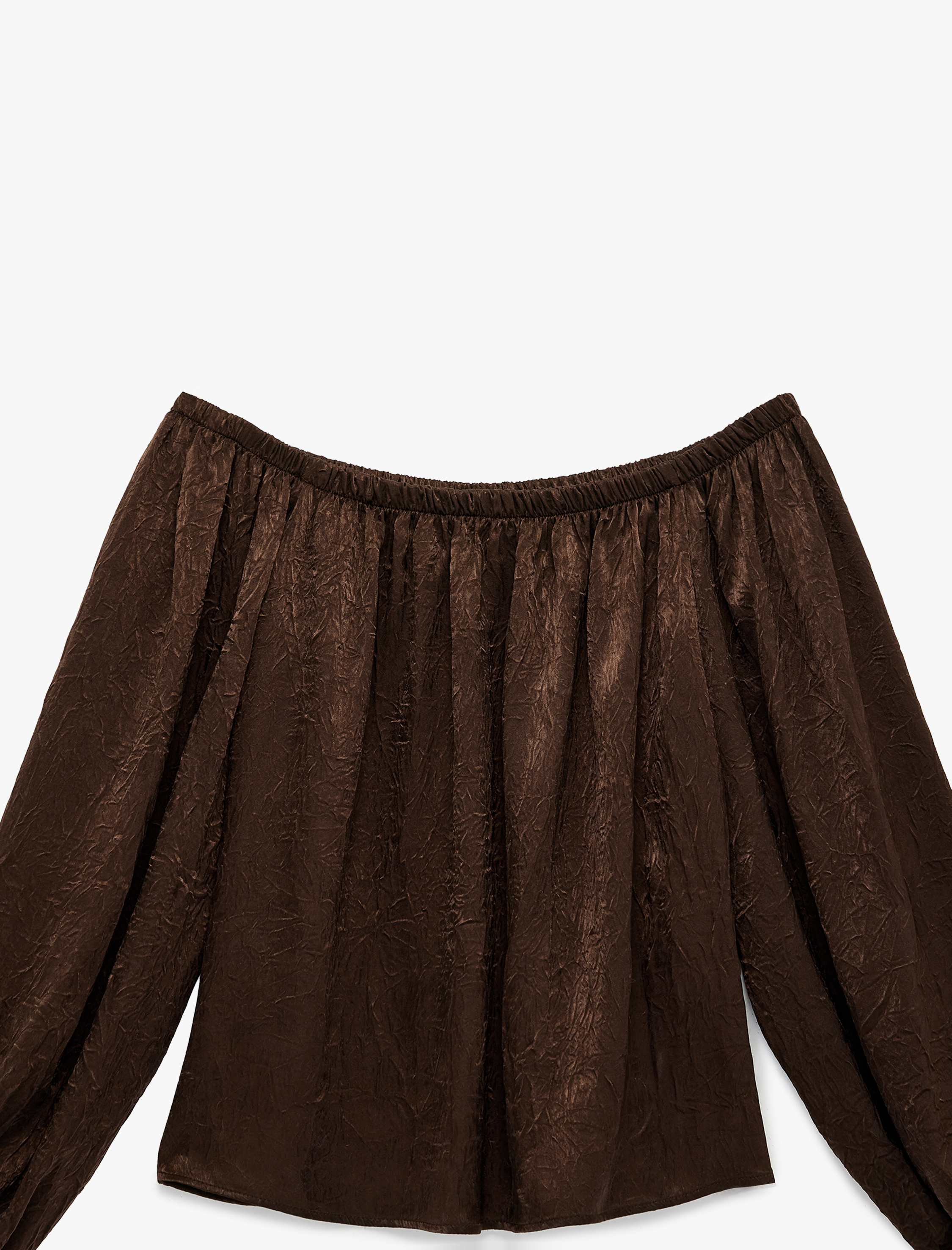   Uzun Balon Kollu Açık Omuz Dokulu Saten Bluz