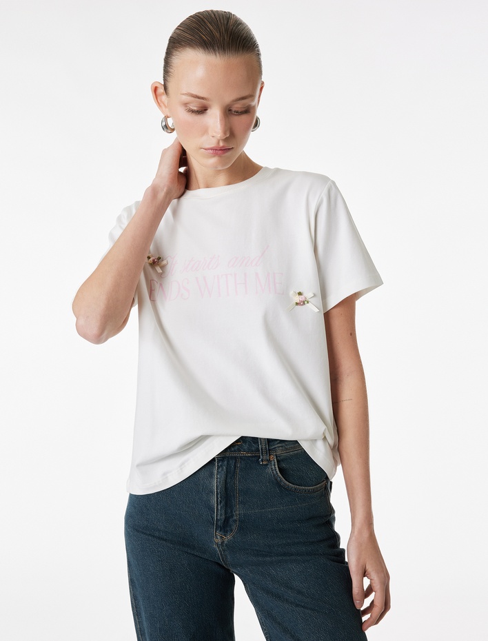  Regular Fit Kısa Kollu Bisiklet Yaka Pamuklu Baskılı Tişört