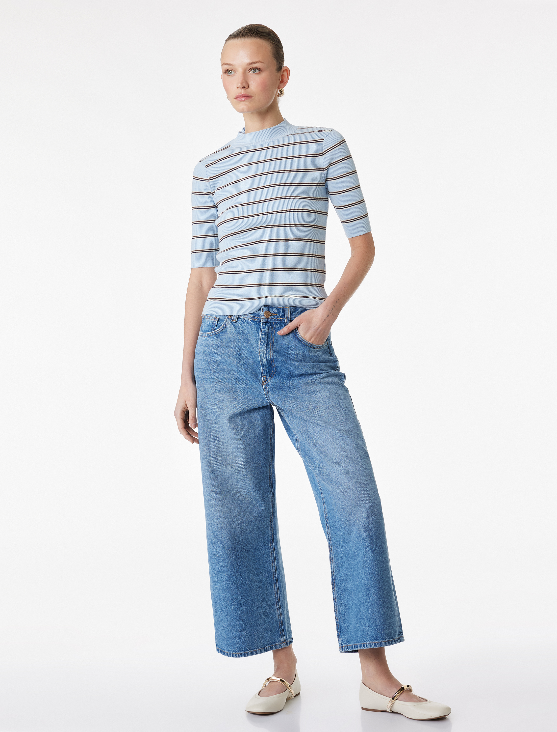   Kısa Geniş Paça Pamuklu Regular Fit Denim Pantolon -  Crop Wide Leg Jeans