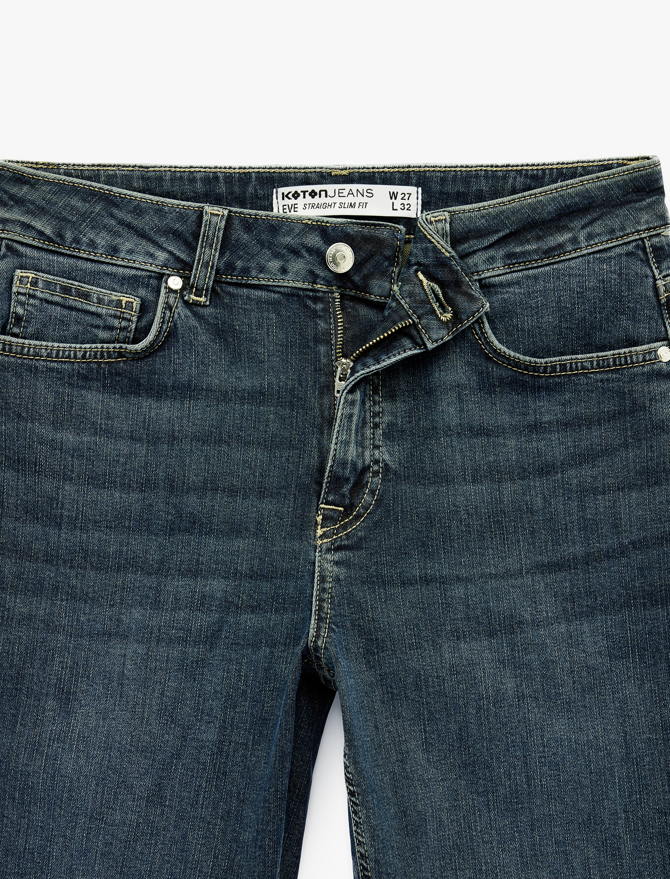   Düz Paça Cepli Düğmeli Normal Bel Pamuklu Straight Fit Denim Pantolon - Straight Jeans