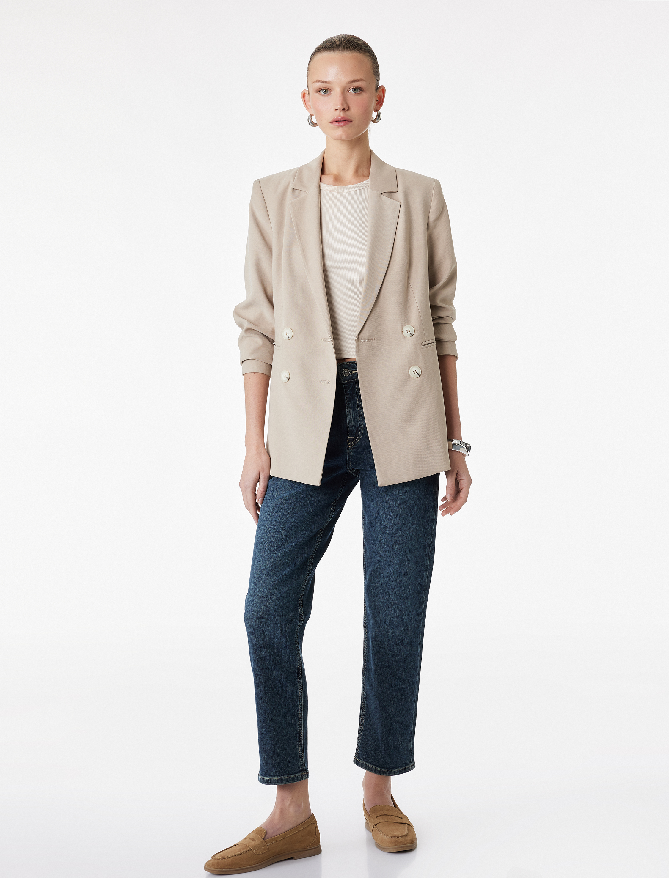   Düz Paça Cepli Düğmeli Normal Bel Pamuklu Straight Fit Denim Pantolon - Straight Jeans