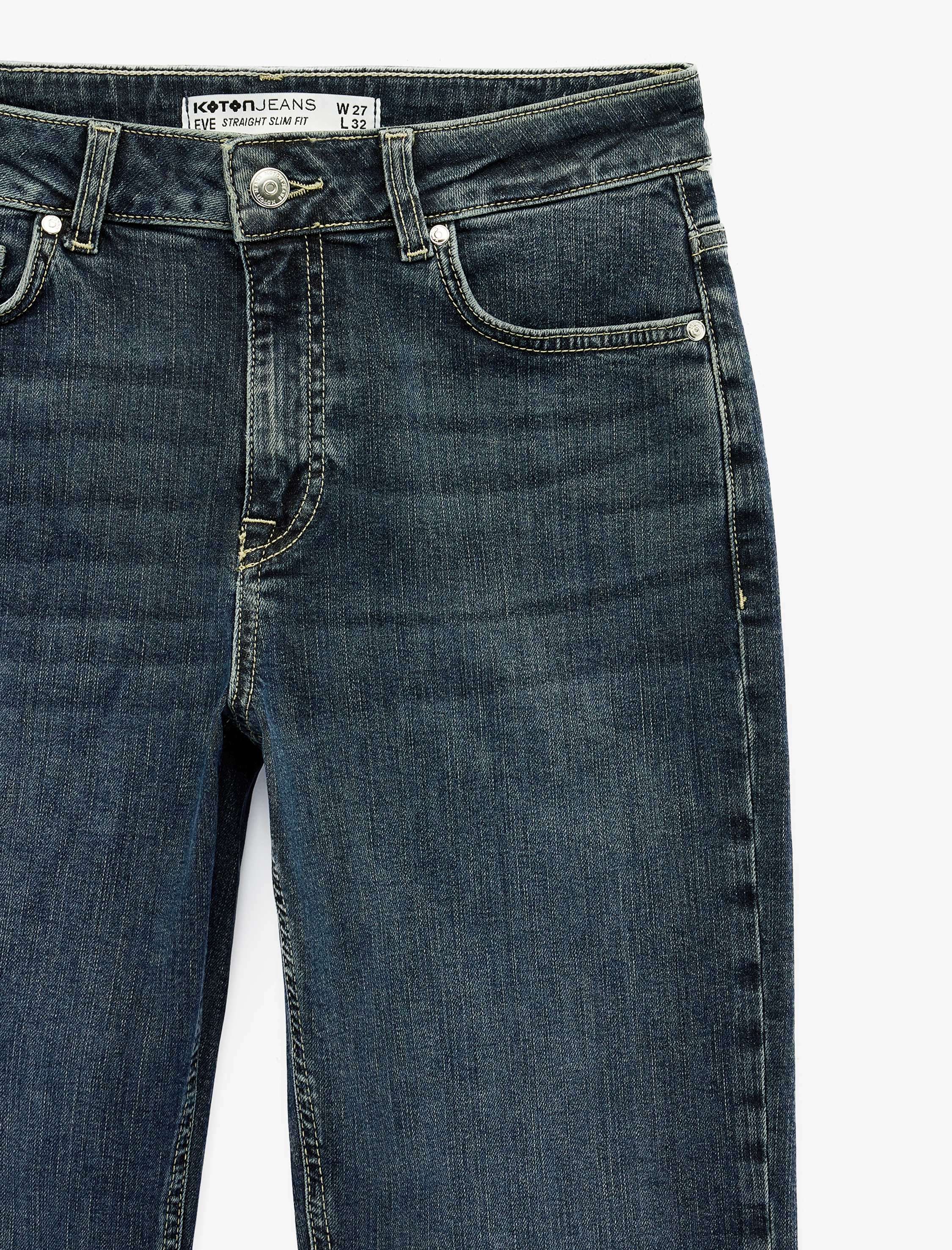   Düz Paça Cepli Düğmeli Normal Bel Pamuklu Straight Fit Denim Pantolon - Straight Jeans