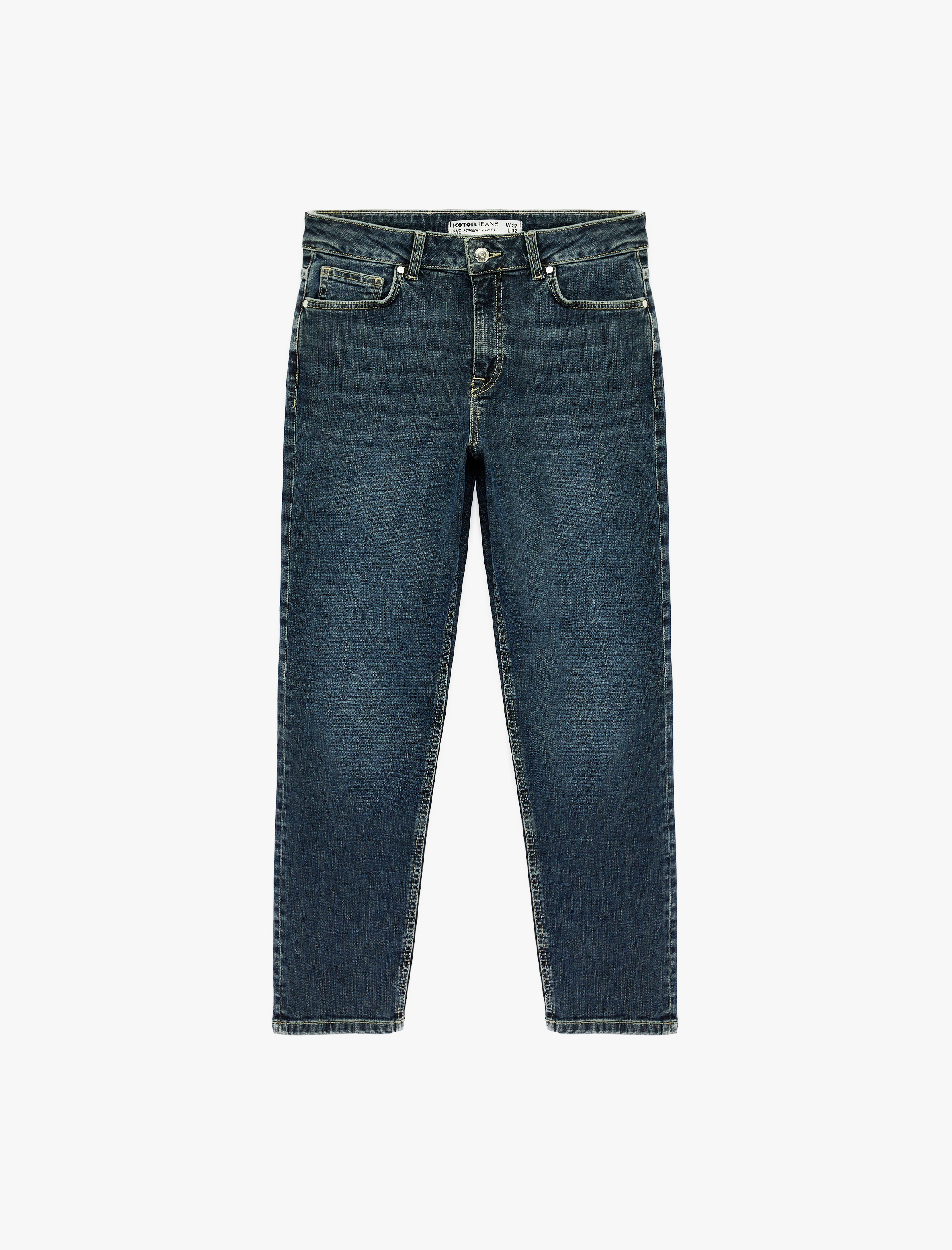   Düz Paça Cepli Düğmeli Normal Bel Pamuklu Straight Fit Denim Pantolon - Straight Jeans