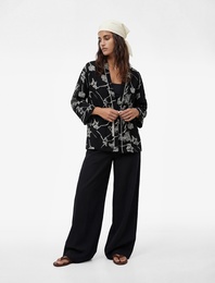 Keten Karışımlı Uzun Kollu Kruvaze Çiçekli Kimono Ceket