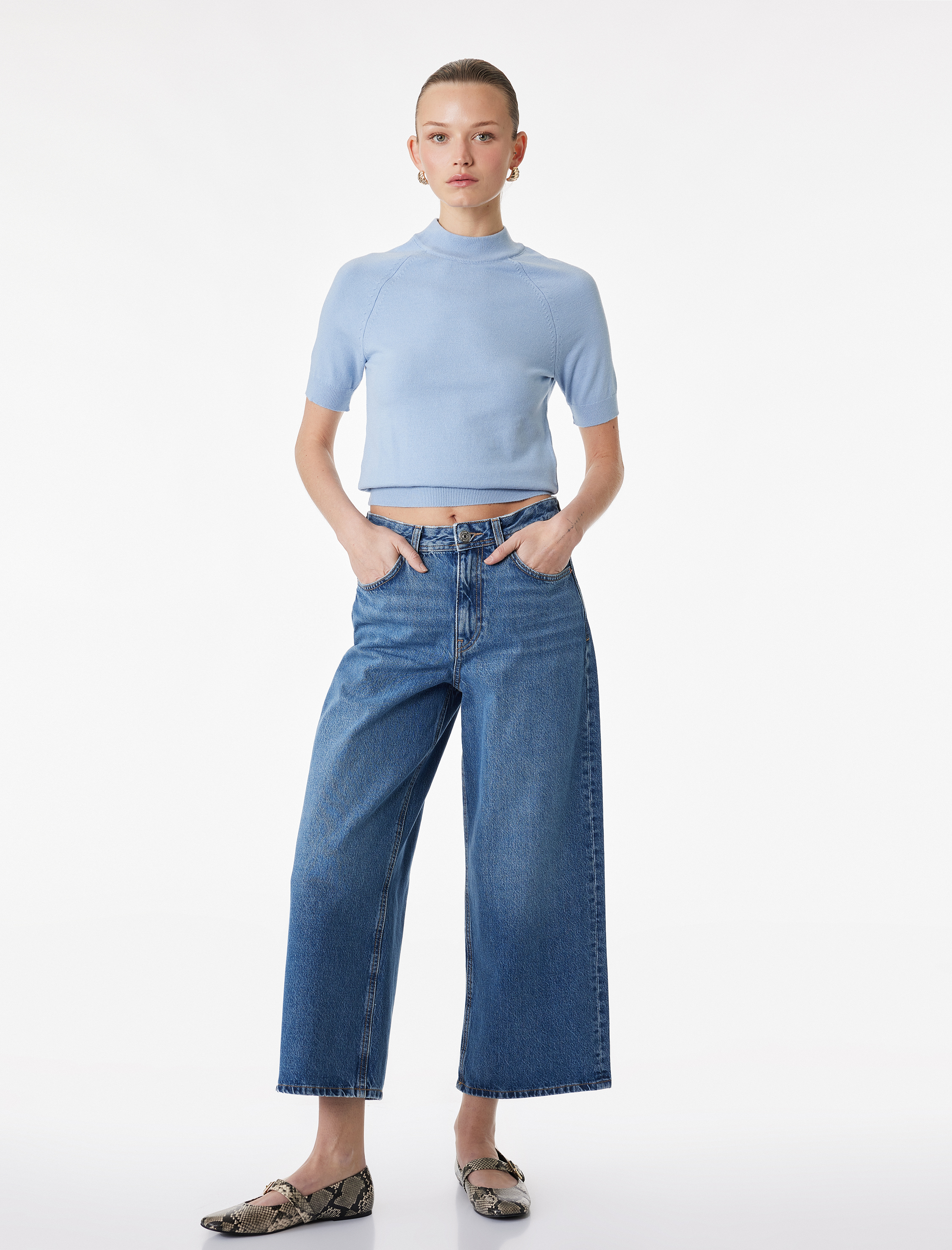   Kısa Geniş Paça Pamuklu Regular Fit Denim Pantolon -  Crop Wide Leg Jeans