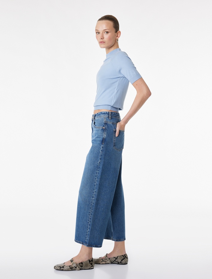 Kısa Geniş Paça Pamuklu Regular Fit Denim Pantolon -  Crop Wide Leg Jeans
