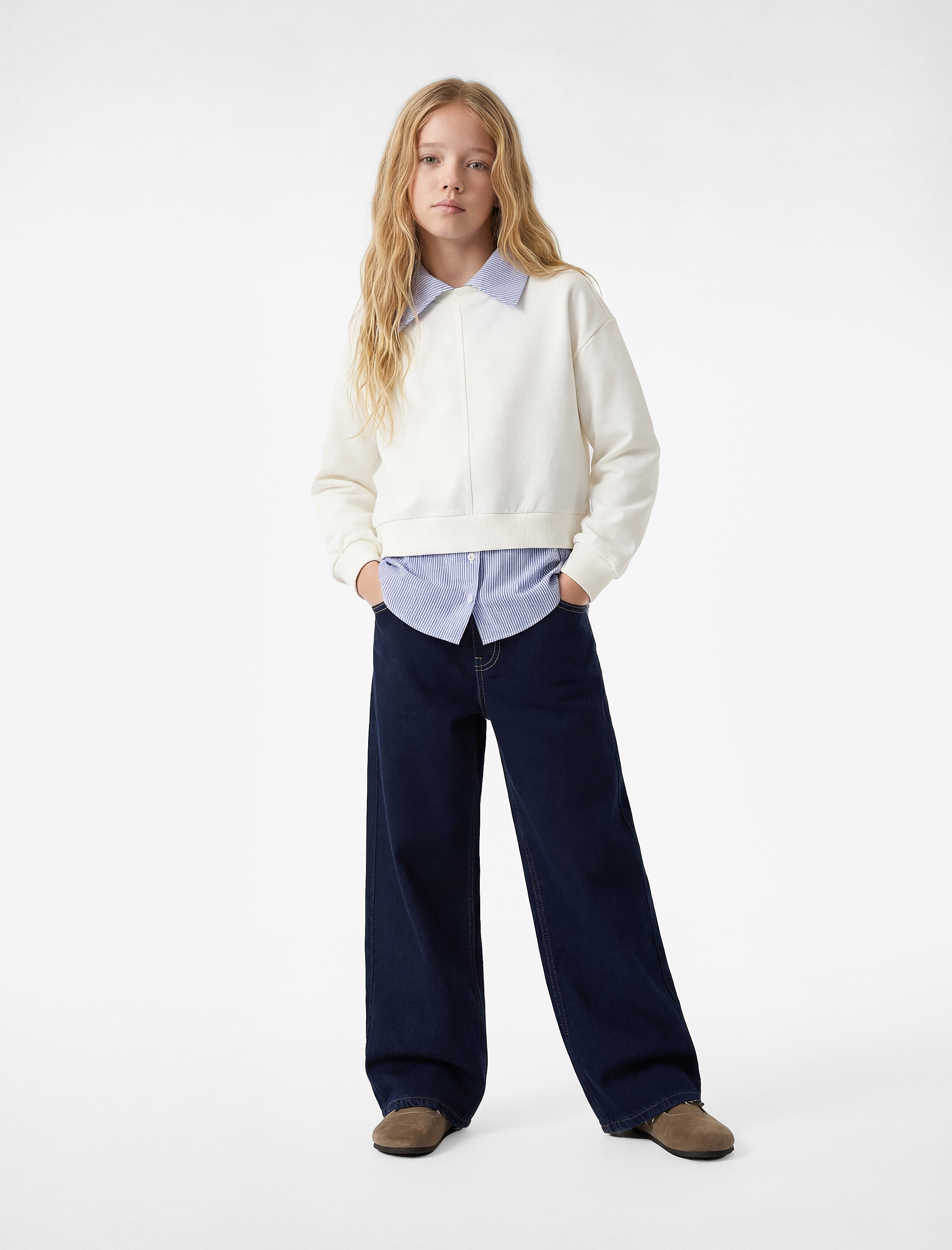  Kız Çocuk Pamuklu Uzun Kollu Gömlek Detaylı Sweatshirt