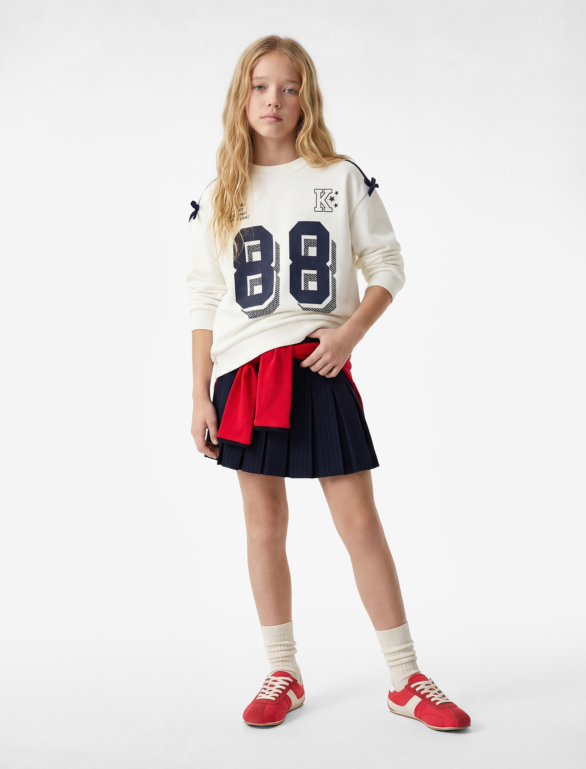  Kız Çocuk Uzun Kollu Bisiklet Yaka Fiyonk Detaylı Baskılı Sweatshirt