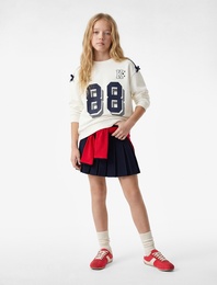 Uzun Kollu Bisiklet Yaka Fiyonk Detaylı Baskılı Sweatshirt