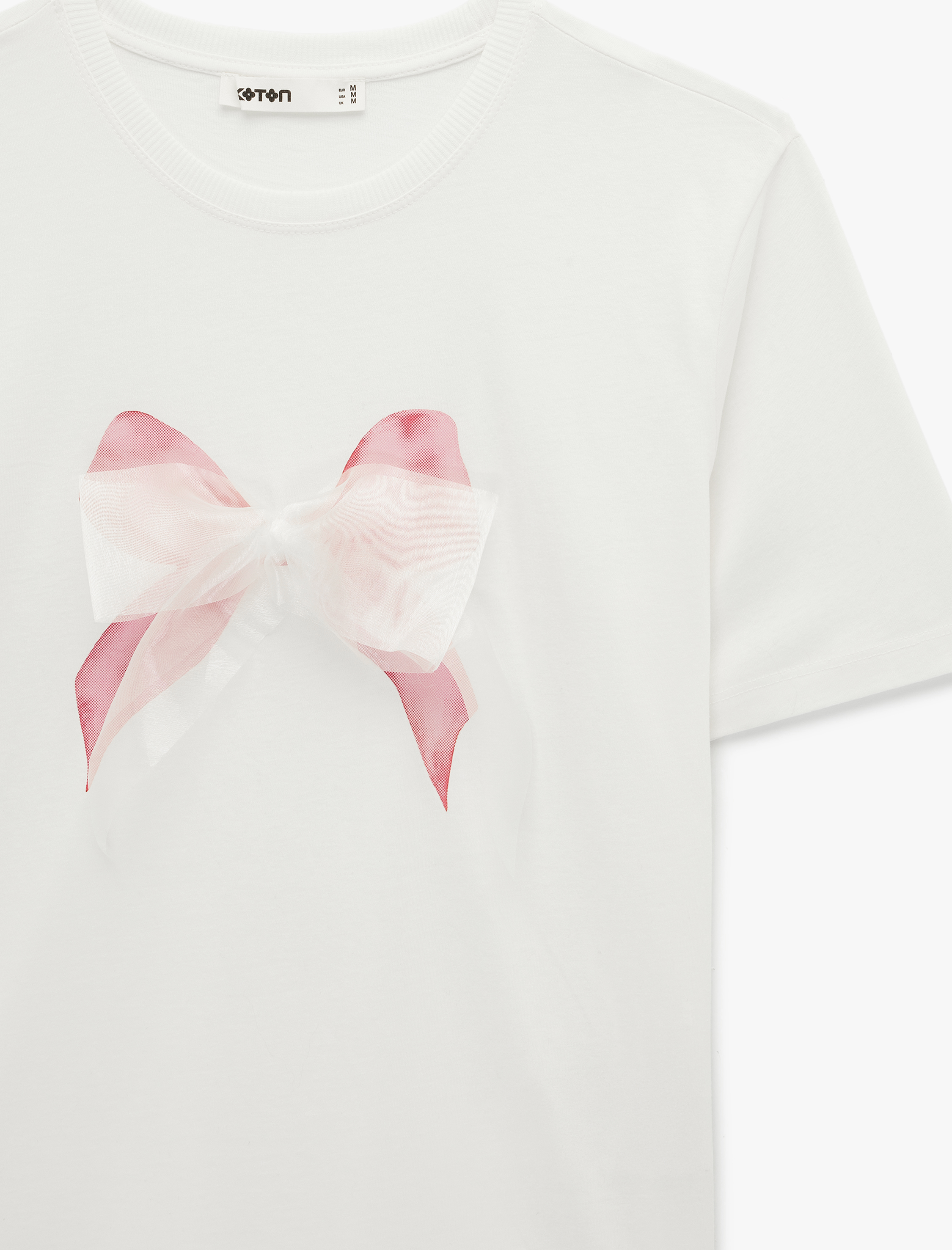   Pamuklu Kısa Kollu Bisiklet Yaka Fiyonk Aplike Detaylı Tişört