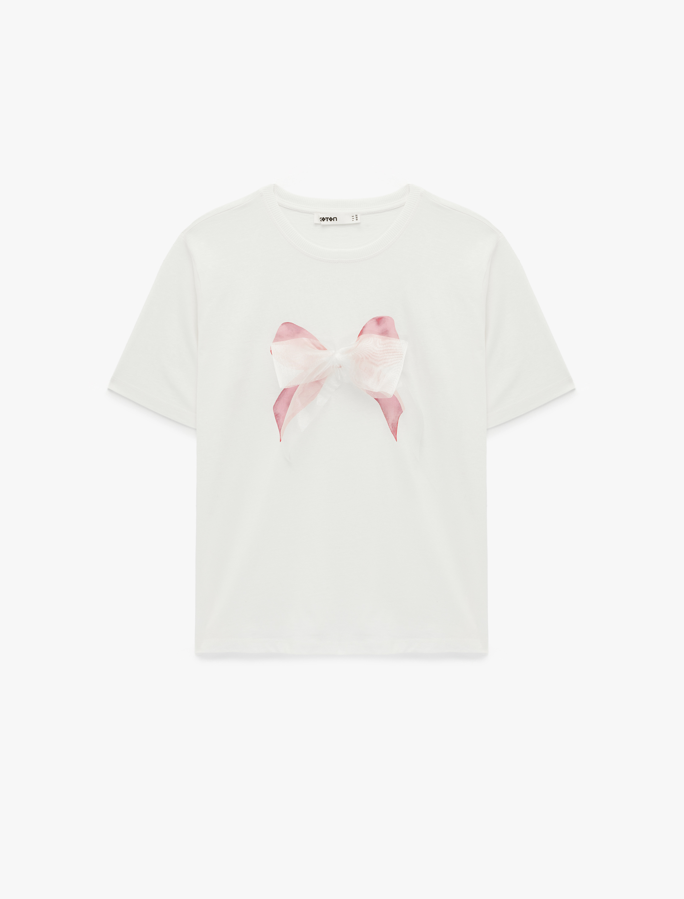   Pamuklu Kısa Kollu Bisiklet Yaka Fiyonk Aplike Detaylı Tişört