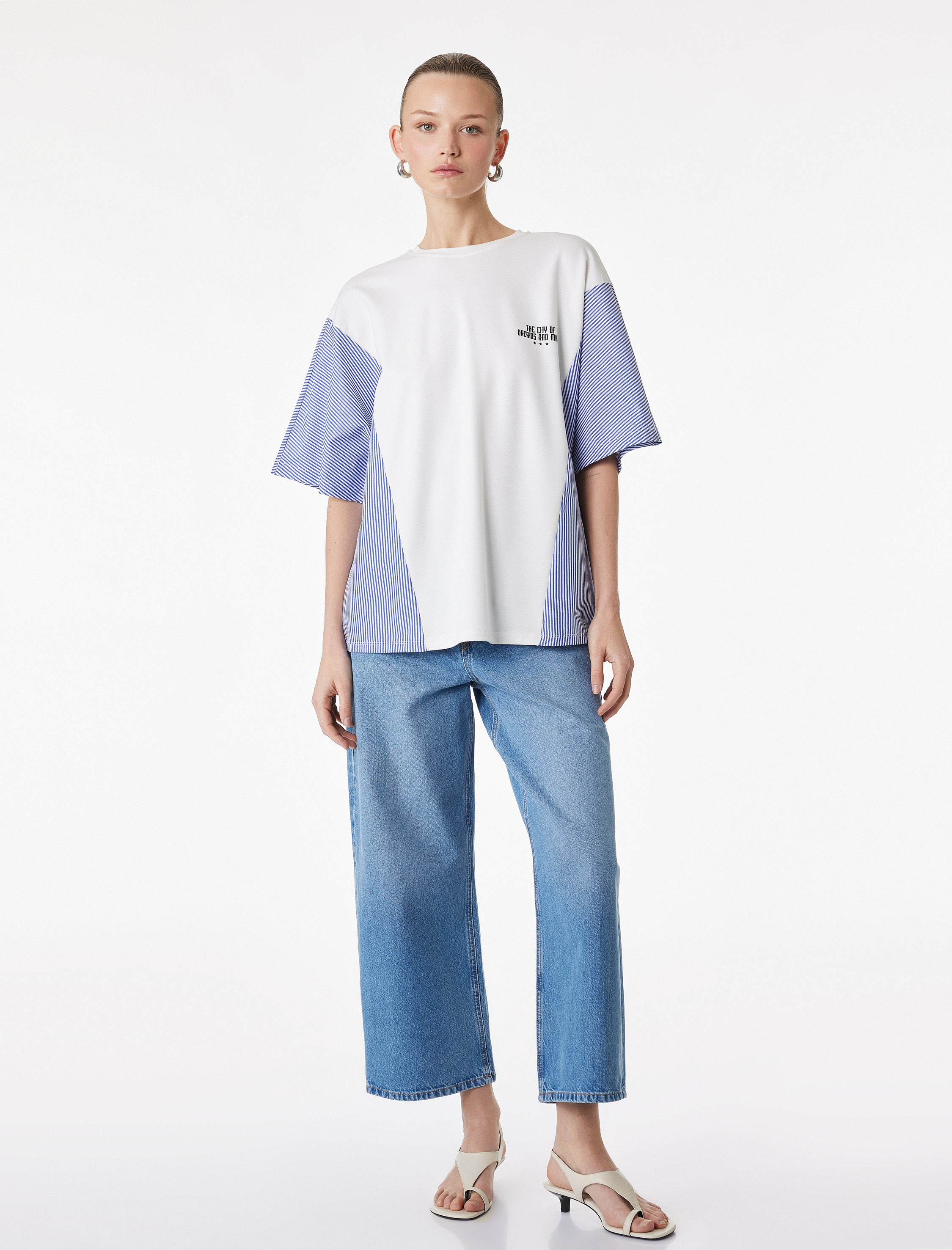   Kısa Kollu Bisiklet Yaka Arkası Baskılı Çizgili Tişört