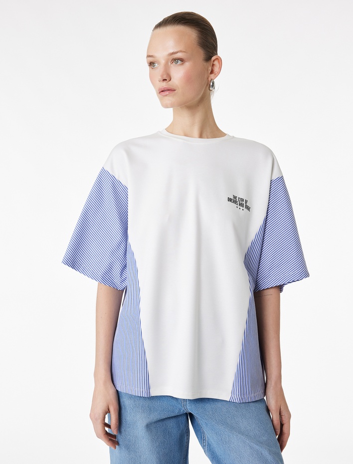  Kısa Kollu Bisiklet Yaka Arkası Baskılı Çizgili Tişört