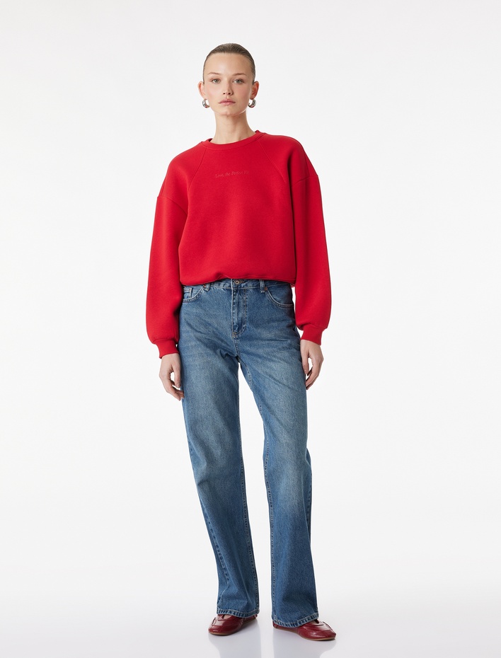  Şardonlu Baskılı Uzun Kollu Bisiklet Yaka Sweatshirt