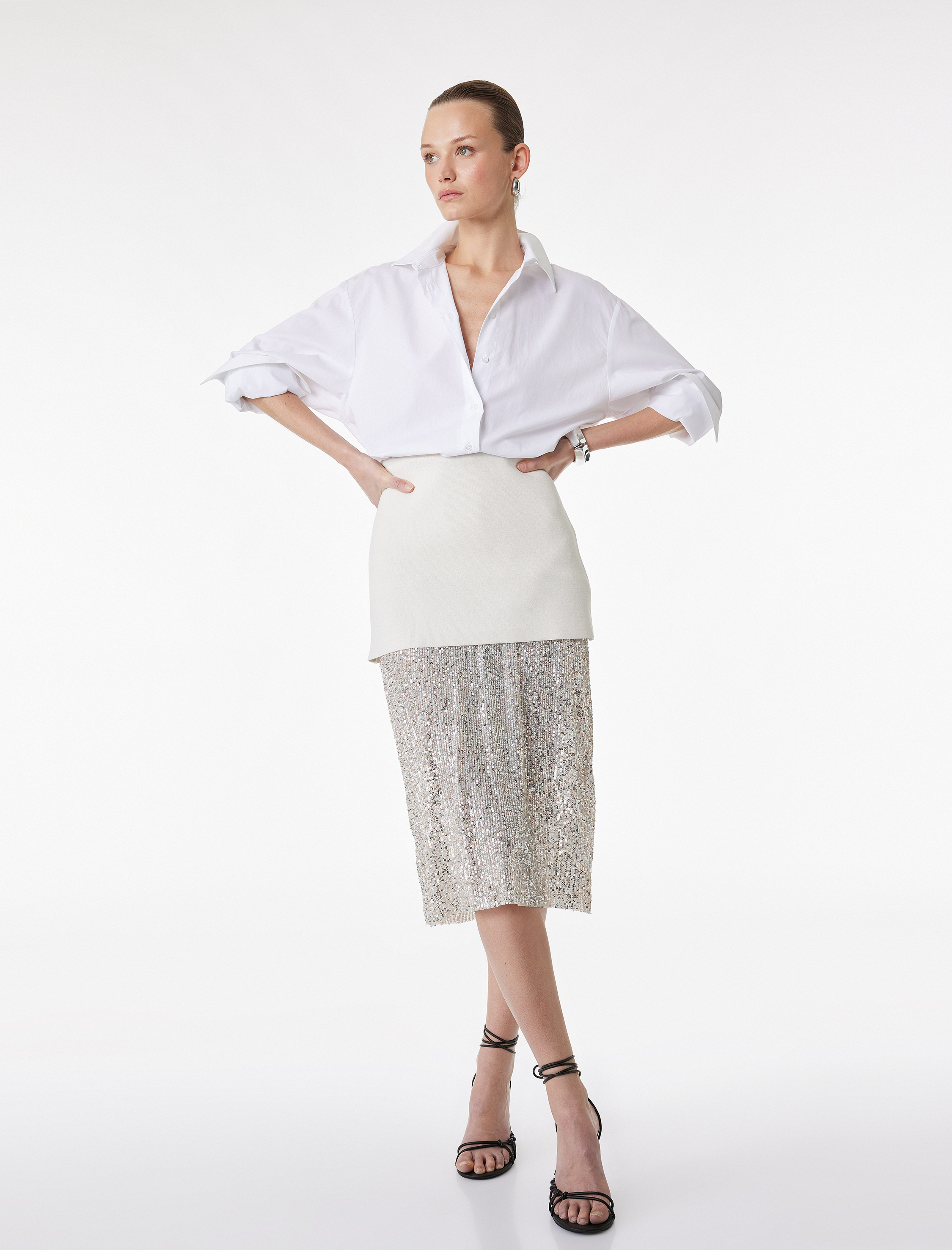   Çift Kumaş Detaylı Uzun Pullu Payetli Kalem Etek