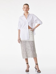 Çift Kumaş Detaylı Uzun Pullu Payetli Kalem Etek