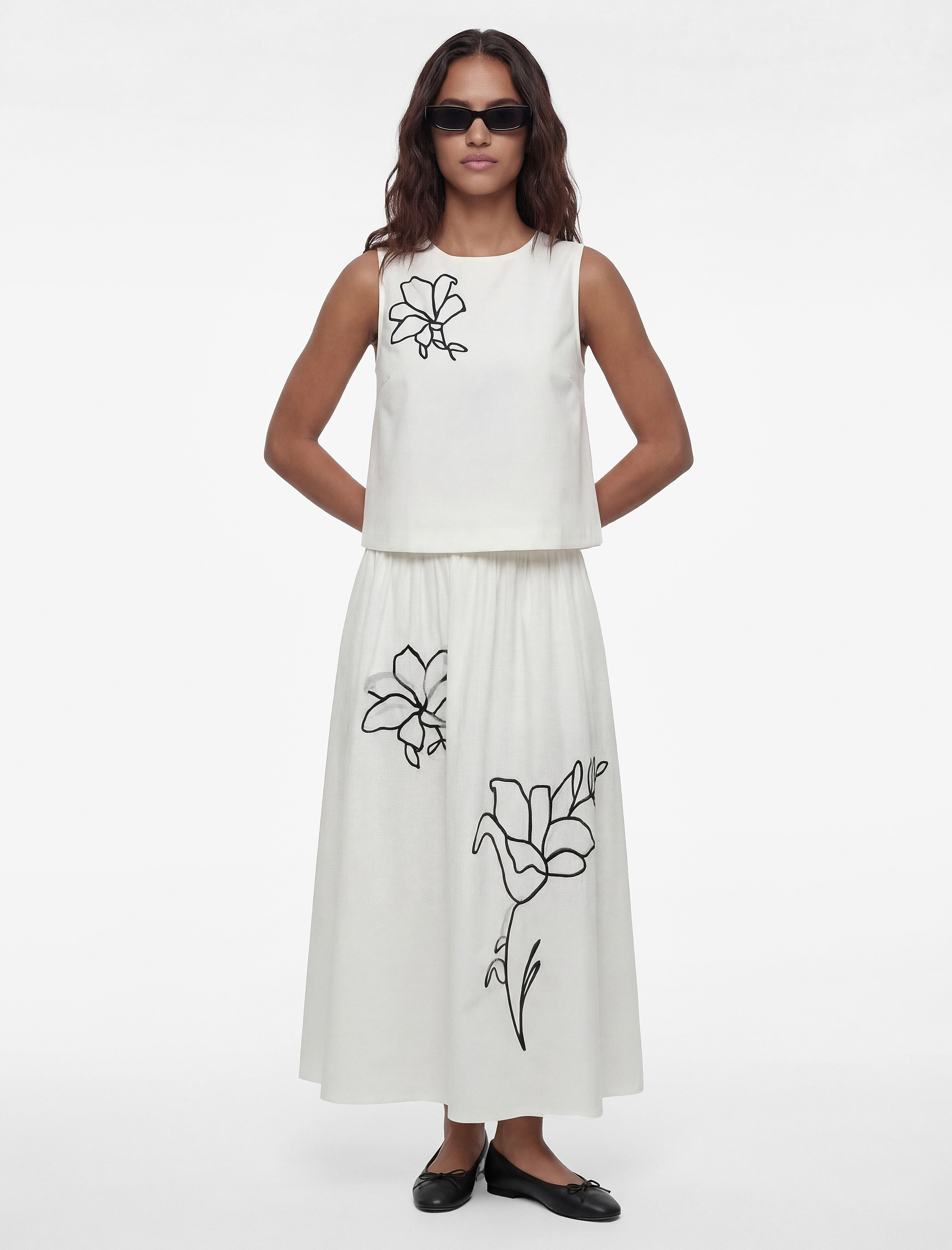   Keten Karışımlı Cepli Midi Çiçekli Kloş Etek