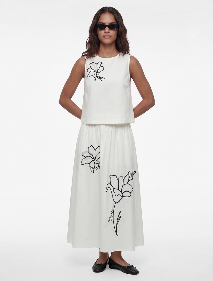  Keten Karışımlı Cepli Midi Çiçekli Kloş Etek